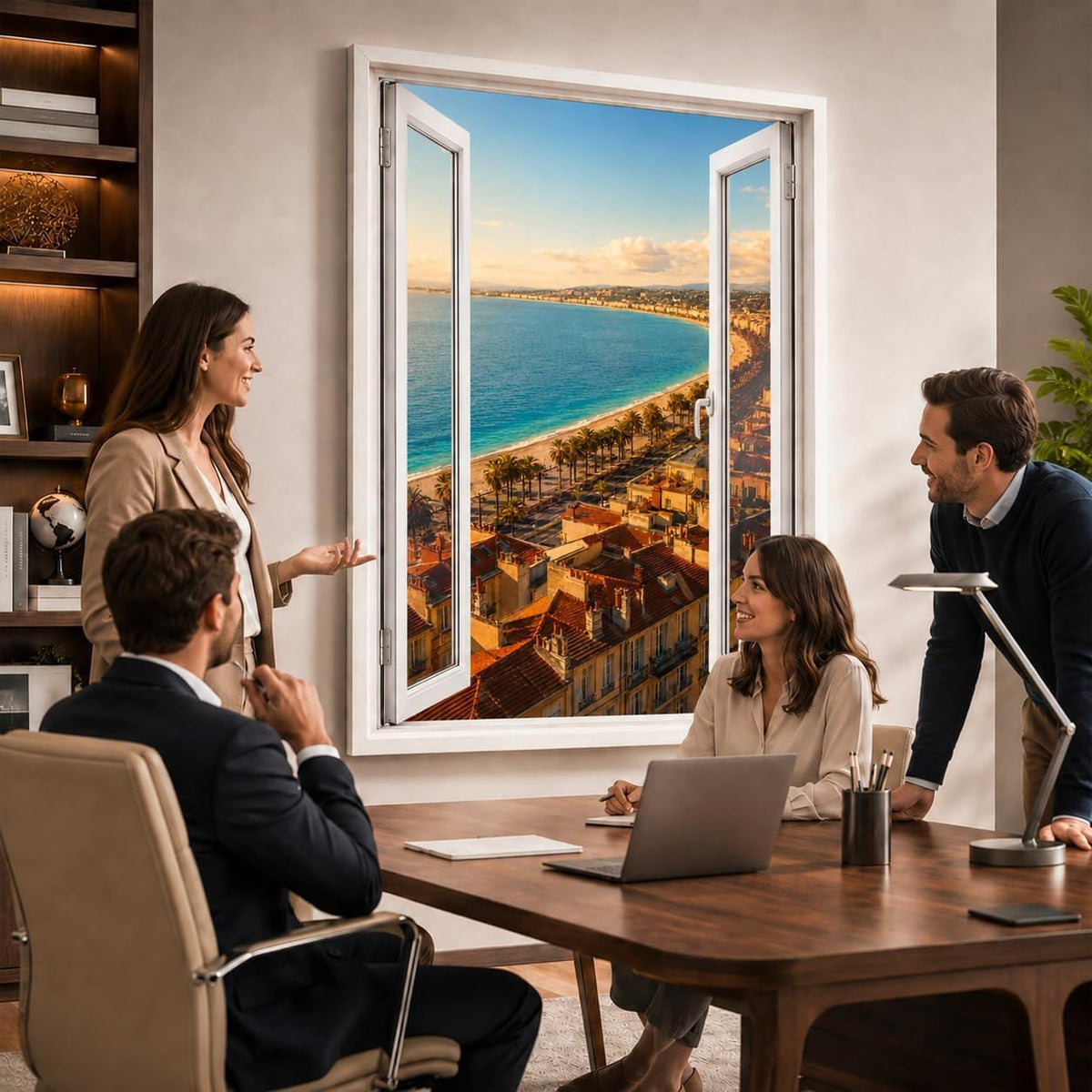 Idée d'usage dans un bureau : la vue sur Nice ouvre le mur comme une vraie fenêtre, style de fenêtre au choix, toile canvas ou plexiglas, livré chez vous (exemple)