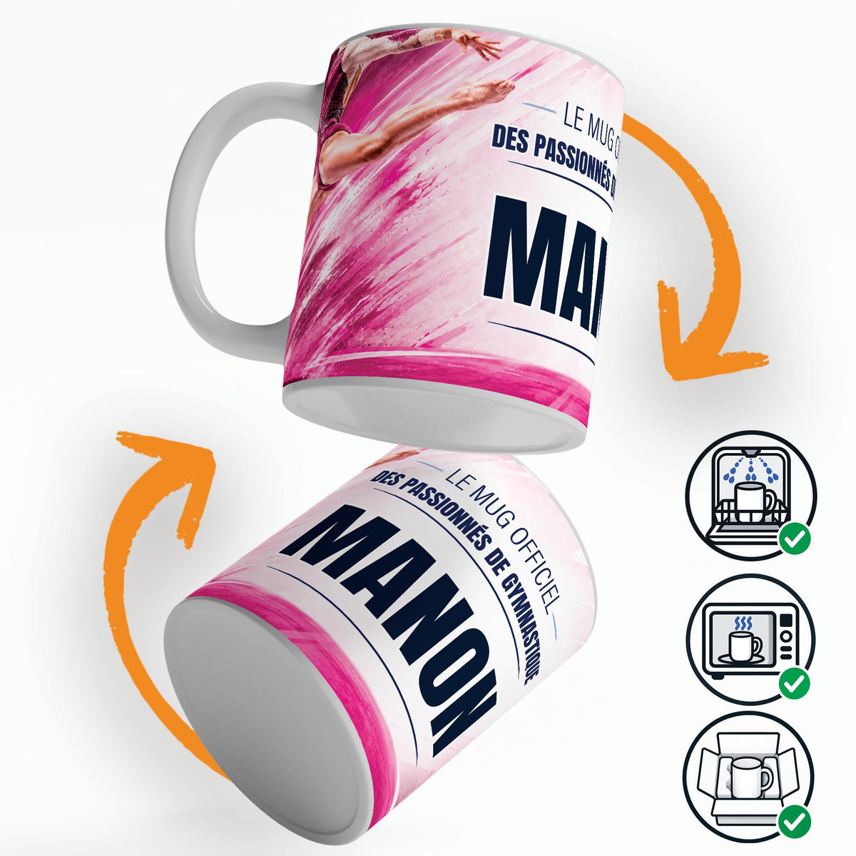 Mug gymnastique personnalisé qui tourne sur lui-même, avec trois pictogrammes : lave-vaisselle, micro-ondes et mug calé dans son emballage pour la livraison chez vous (exemple)