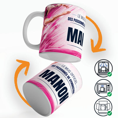Mug gymnastique personnalisé qui tourne sur lui-même, avec trois pictogrammes : lave-vaisselle, micro-ondes et mug calé dans son emballage pour la livraison chez vous (exemple)