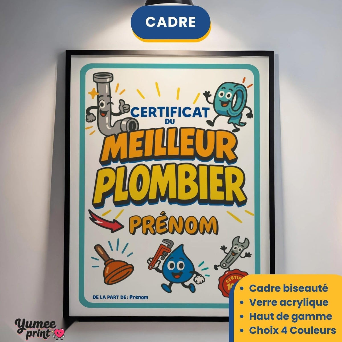 Certificat du meilleur plombier en cadre noir avec verre acrylique, éclairé au mur ; cadre aussi en blanc, bois clair ou bois foncé, livré chez vous (exemple)