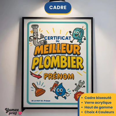 Certificat du meilleur plombier en cadre noir avec verre acrylique, éclairé au mur ; cadre aussi en blanc, bois clair ou bois foncé, livré chez vous (exemple)