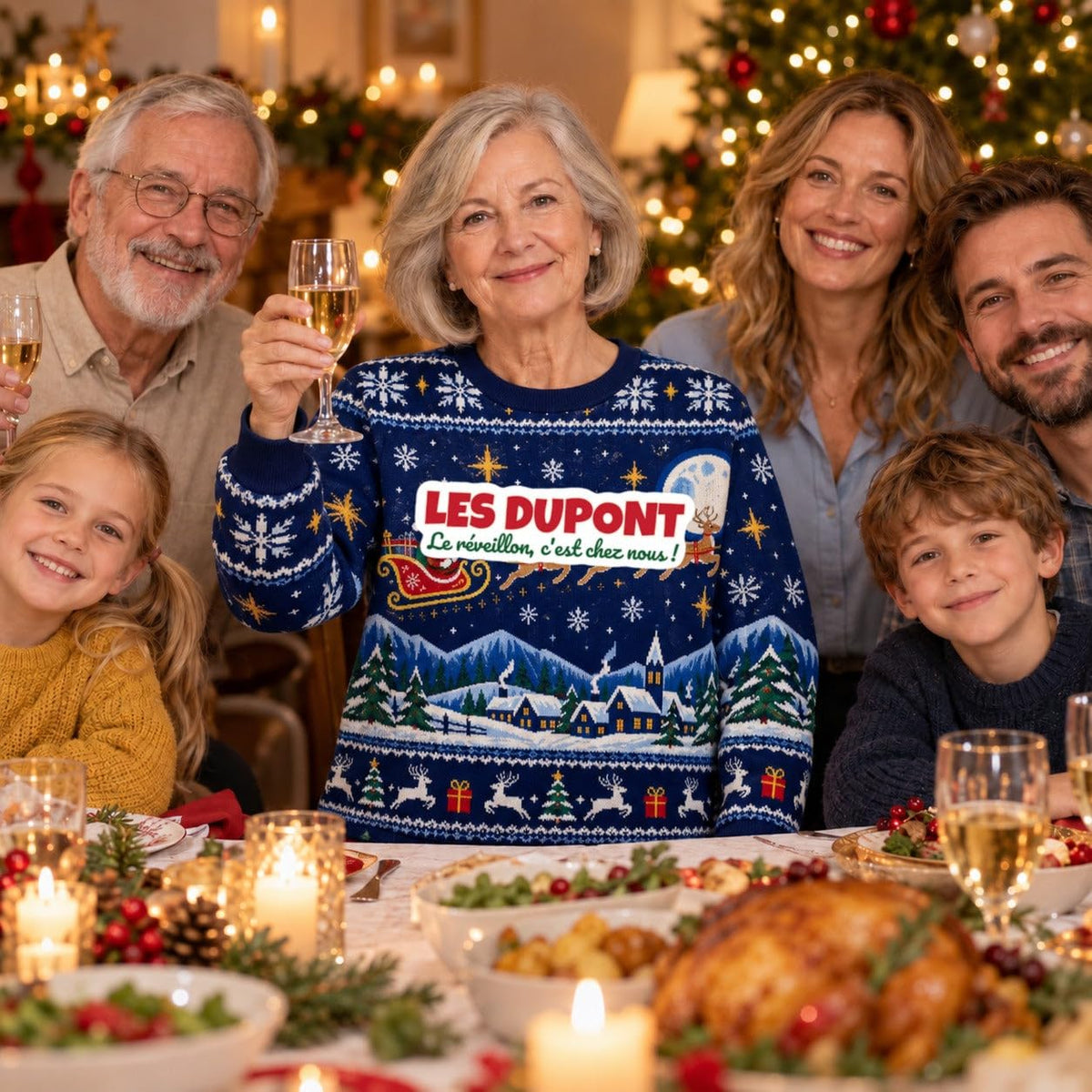 Sweat de Noël moche femme personnalisé, nom de famille, bleu marine