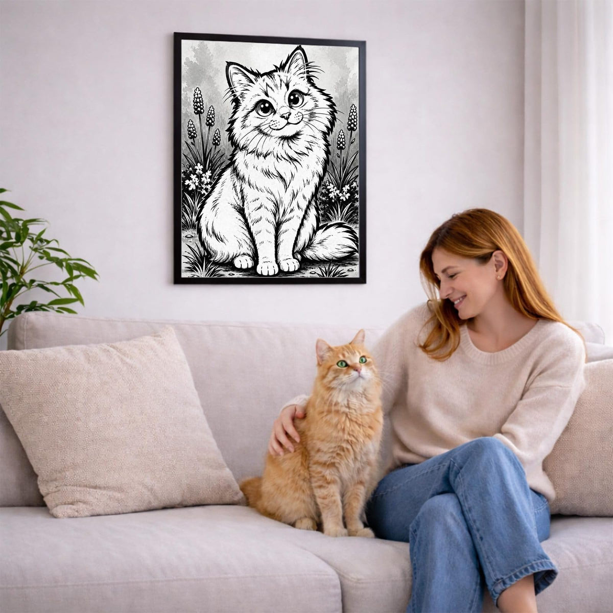 Portrait caricature noir et blanc de votre chat d'après sa photo, accroché au salon en cadre noir ; aussi en affiche (poster), toile canvas ou plexiglas, livré chez vous (exemple)