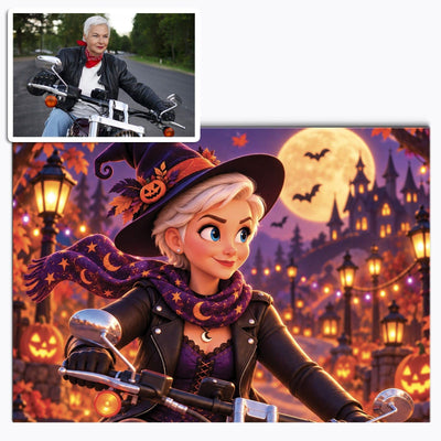 Votre photo transformée en dessin animé 3D d'Halloween sous la pleine lune, costume attribué par notre atelier, imprimée en affiche (poster) paysage et livrée chez vous (exemple)