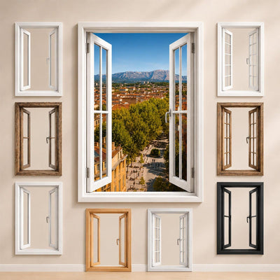 La vue sur Aix-en-Provence et les styles de fenêtre proposés pour l'encadrer : bois, PVC blanc, alu noir ou sans fenêtre, imprimée sur toile ou plexiglas puis livrée (exemple)