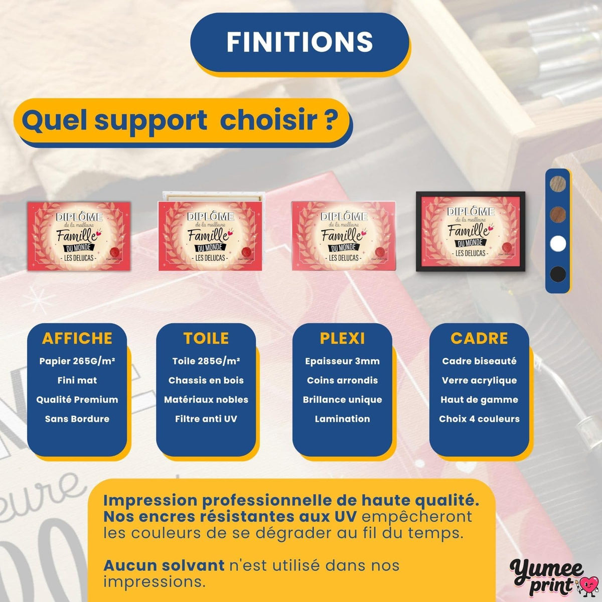 Diplôme « de la meilleure famille » en quatre finitions : affiche (poster), toile canvas, plexiglas ou cadre ; le cadre existe en noir, blanc, bois clair ou bois foncé, livré chez vous (exemple)