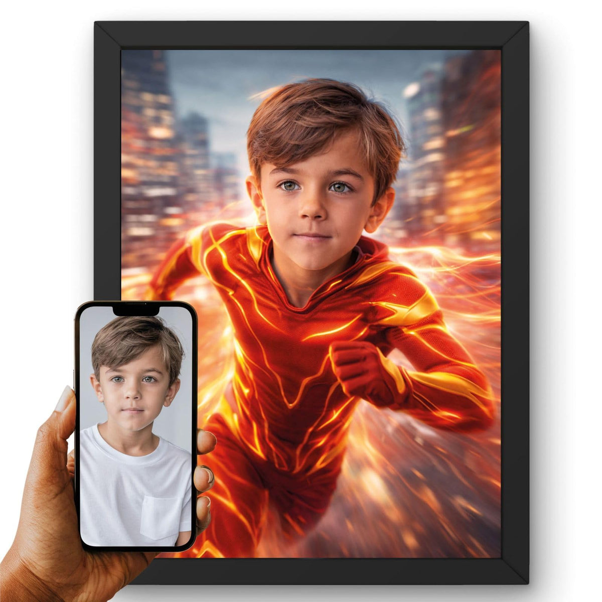 La photo de votre enfant devient un héros de la vitesse, son visage gardé, combinaison rouge à éclairs, en cadre noir ; aussi en affiche (poster), toile canvas ou plexiglas, livré chez vous (exemple)