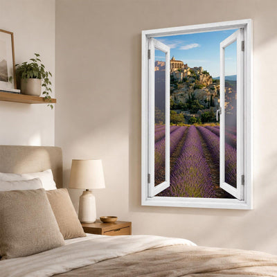 Trompe-l'œil sur Gordes dans une chambre, village perché et lavande en perspective, sur toile canvas ou plexiglas en 60 x 40 cm, 80 x 60 cm ou 120 x 80 cm, livré chez vous (exemple)