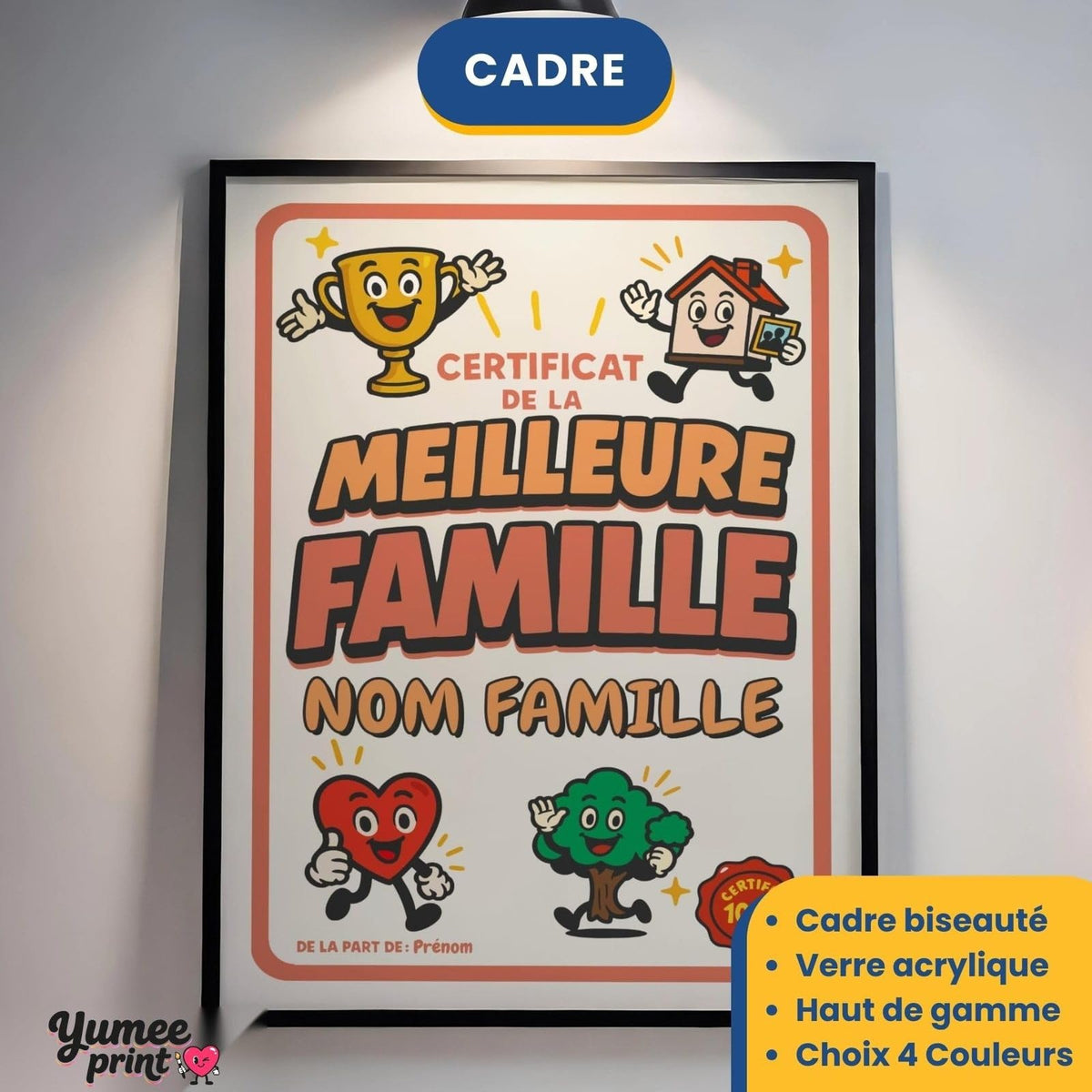 Certificat de la meilleure famille en cadre noir avec verre acrylique, éclairé au mur ; cadre aussi en blanc, bois clair ou bois foncé, livré chez vous (exemple)
