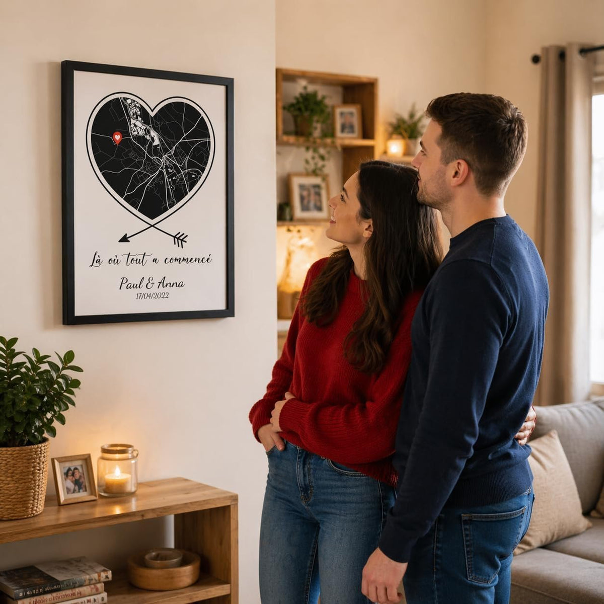 Carte en cœur noir sur fond blanc accrochée au mur en cadre noir : le lieu de votre rencontre, votre phrase, vos prénoms et votre date, imprimés et livrés chez vous (exemple)