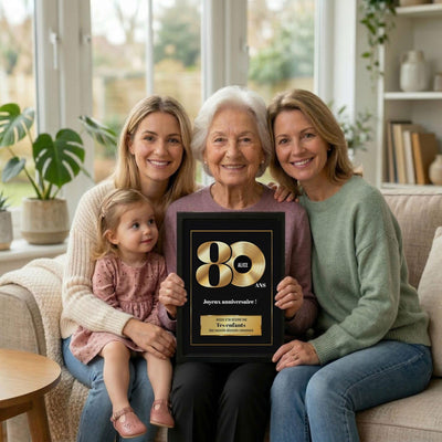 Exemple d'usage en famille : disque d'or des 80 ans en cadre noir, prénom sur le disque, signature comme « Ta famille » ou libre, livré chez vous (exemple)