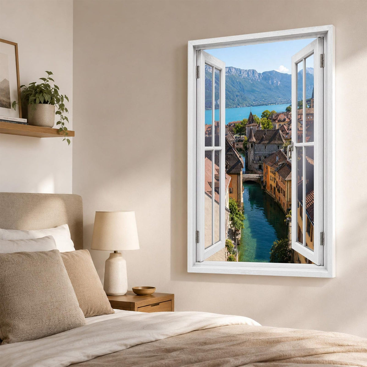 Trompe-l'œil sur Annecy dans une chambre, canaux et lac d'Annecy en perspective, sur toile canvas ou plexiglas en 60 x 40 cm, 80 x 60 cm ou 120 x 80 cm, livré chez vous (exemple)
