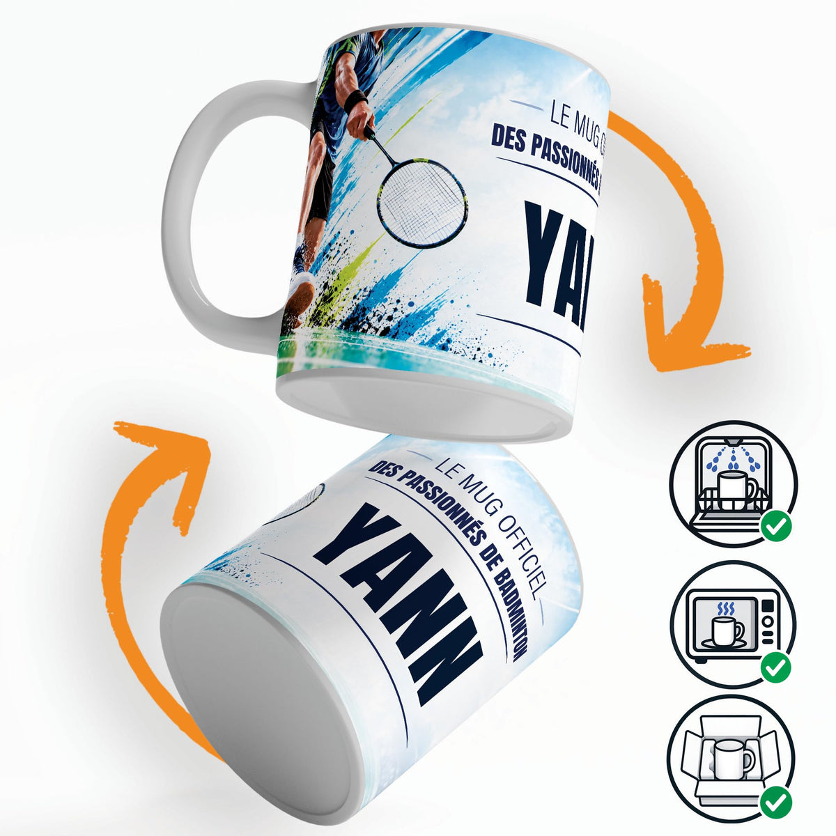 Mug badminton personnalisé qui tourne sur lui-même, avec trois pictogrammes : lave-vaisselle, micro-ondes et mug calé dans son emballage pour la livraison chez vous (exemple)