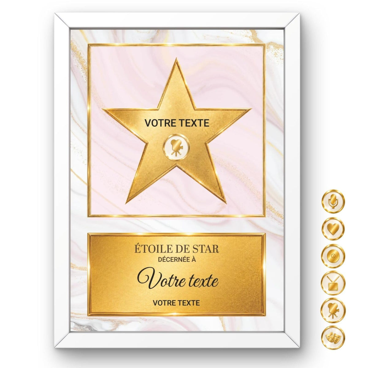 Étoile de star personnalisée façon Walk of Fame : étoile dorée sur marbre rose et blanc en cadre blanc, prénom, pictogramme parmi six et message au choix, imprimée et livrée chez vous (exemple)
