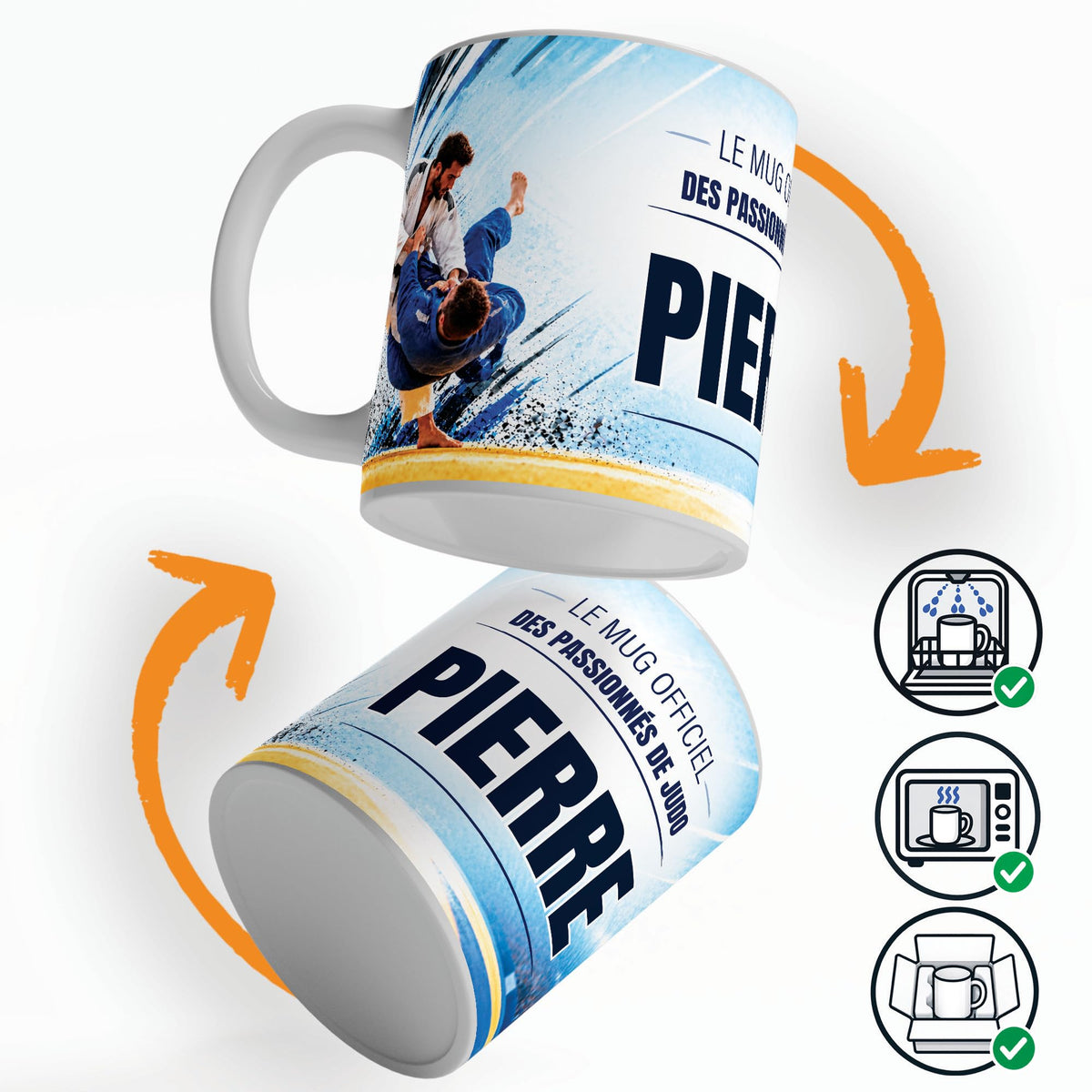 Mug judo personnalisé qui tourne sur lui-même, avec trois pictogrammes : lave-vaisselle, micro-ondes et mug calé dans son emballage pour la livraison chez vous (exemple)