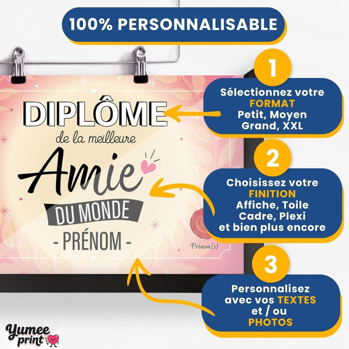 Personnalisez le diplôme « de la meilleure amie » en trois étapes : format, finition puis textes, avec son prénom et votre signature, imprimé et livré chez vous (exemple)
