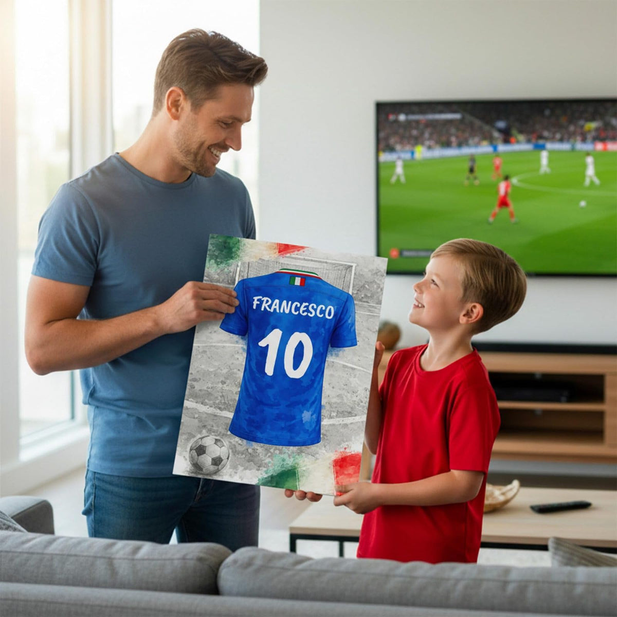 Exemple d'usage : le maillot de l'Italie à votre nom et numéro, offert devant un match ; style de flocage au choix, livré chez vous en affiche (poster), toile canvas, cadre ou plexiglas (exemple)