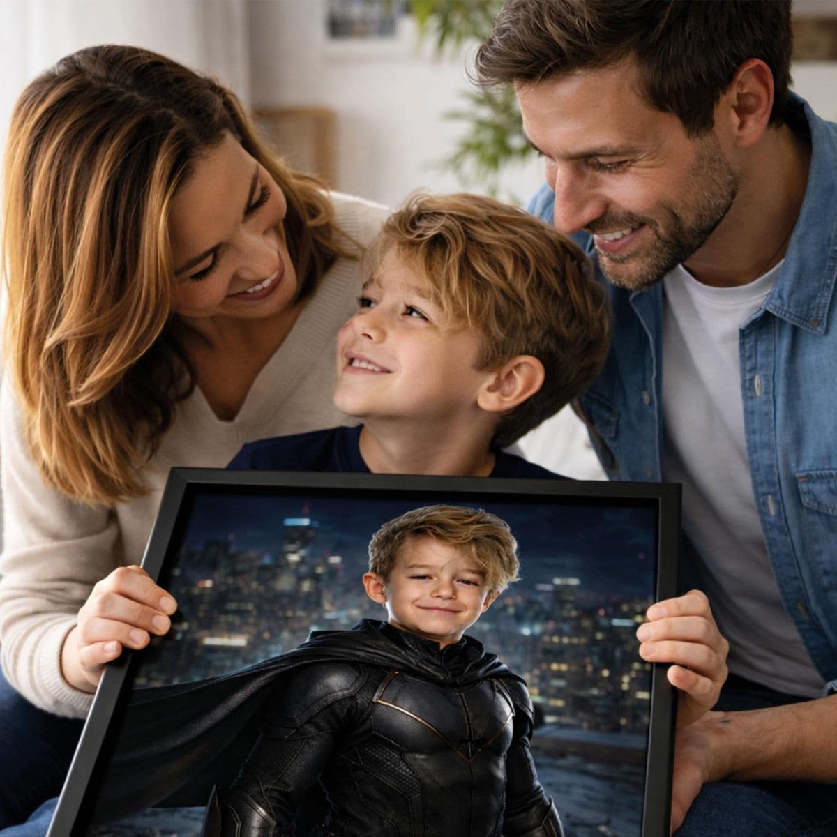 Exemple d'usage possible : votre enfant en héros de la nuit d'après sa photo, son visage gardé, portrait offert en famille dans son cadre ; imprimé puis livré chez vous (exemple)