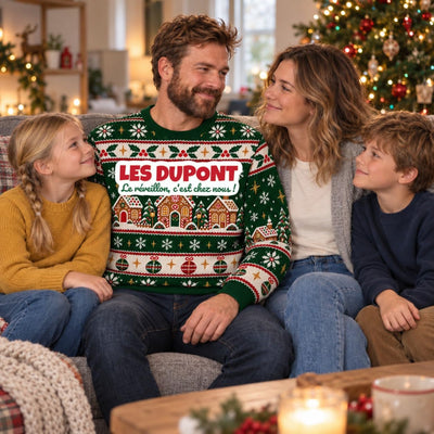 Sweat de Noël moche homme personnalisé, nom de famille, vert sapin