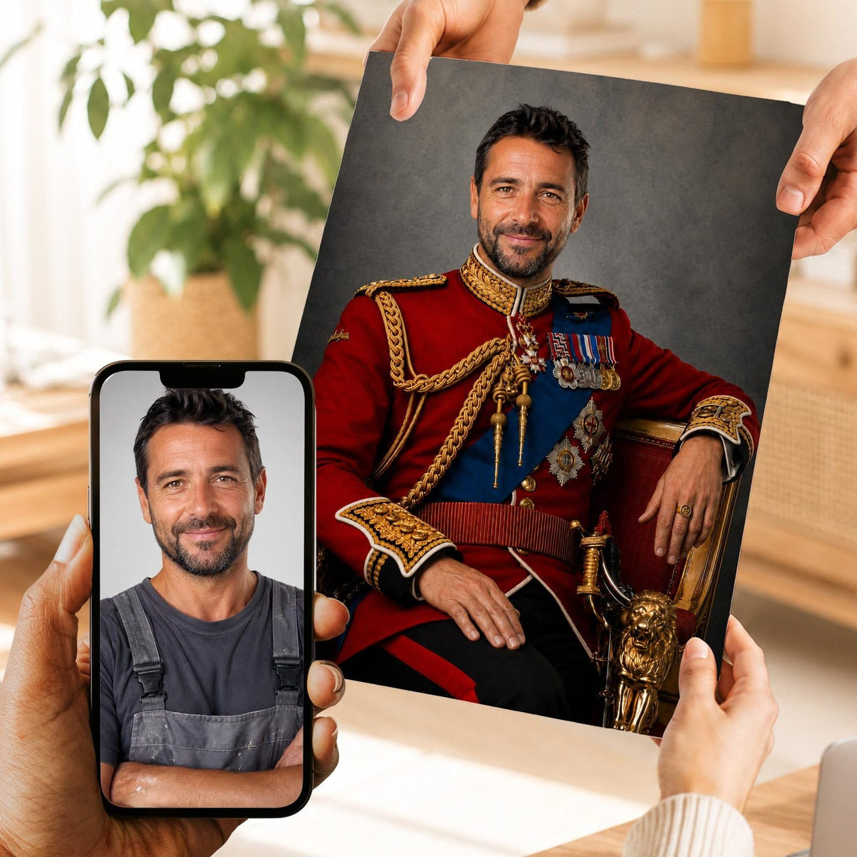 Création personnalisée : votre visage en officier de la garde royale, tunique rouge à galons dorés, imprimée en affiche (poster), livrée chez vous ; photo d'origine sur le téléphone (exemple)