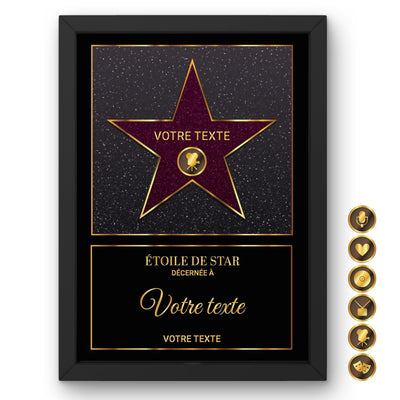 Étoile de star personnalisée façon Walk of Fame : étoile rose pailletée sur fond noir étoilé en cadre noir, prénom, pictogramme parmi six et message au choix, imprimée et livrée chez vous (exemple)