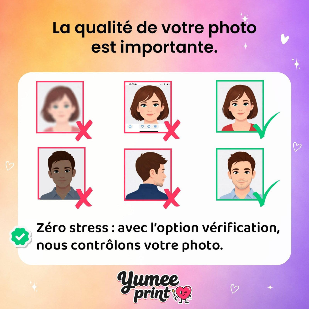 Visage net, de face, ni flou, ni trop sombre faute de lumière, ni de profil, ni en capture d'écran ; avec l'option contrôle et/ou amélioration HD de la photo, nous la vérifions