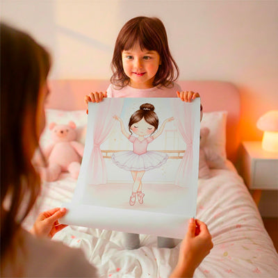 Ballerine aquarelle au prénom en affiche (poster) tenue à deux mains, un exemple de cadeau à offrir ; prénom, typographie et couleur du prénom au choix, livrée chez vous (exemple)