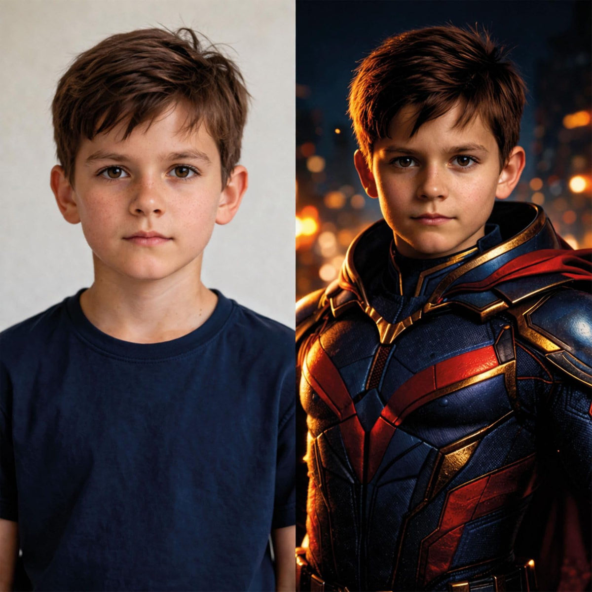 Avant, après côte à côte : la photo de votre enfant et sa version héros en armure, son visage gardé, armure bleu nuit et rouge ; imprimée puis livrée chez vous (exemple)