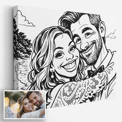 Création personnalisée en paysage : votre photo devient une caricature en noir et blanc façon caricaturiste de rue, trait d'encre épais, imprimée sur toile canvas, livrée chez vous (exemple)