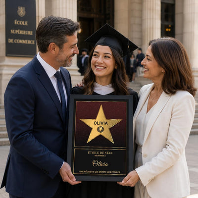 Exemple d'usage pour un diplôme : l'étoile dorée sur fond rouge et noir façon Walk of Fame en cadre noir, prénom et message de réussite au choix, imprimée et livrée chez vous (exemple)