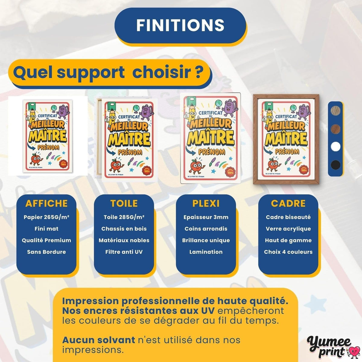 Certificat du meilleur maître en quatre finitions : affiche (poster), toile canvas, plexiglas ou cadre ; le cadre existe en noir, blanc, bois clair ou bois foncé, livré chez vous (exemple)