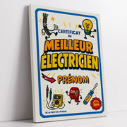Diplôme humoristique « certificat du meilleur électricien » à son prénom, style rétro à mascottes (ampoule, multimètre et tournevis), bordure bleue, sur toile canvas, livré chez vous (exemple)