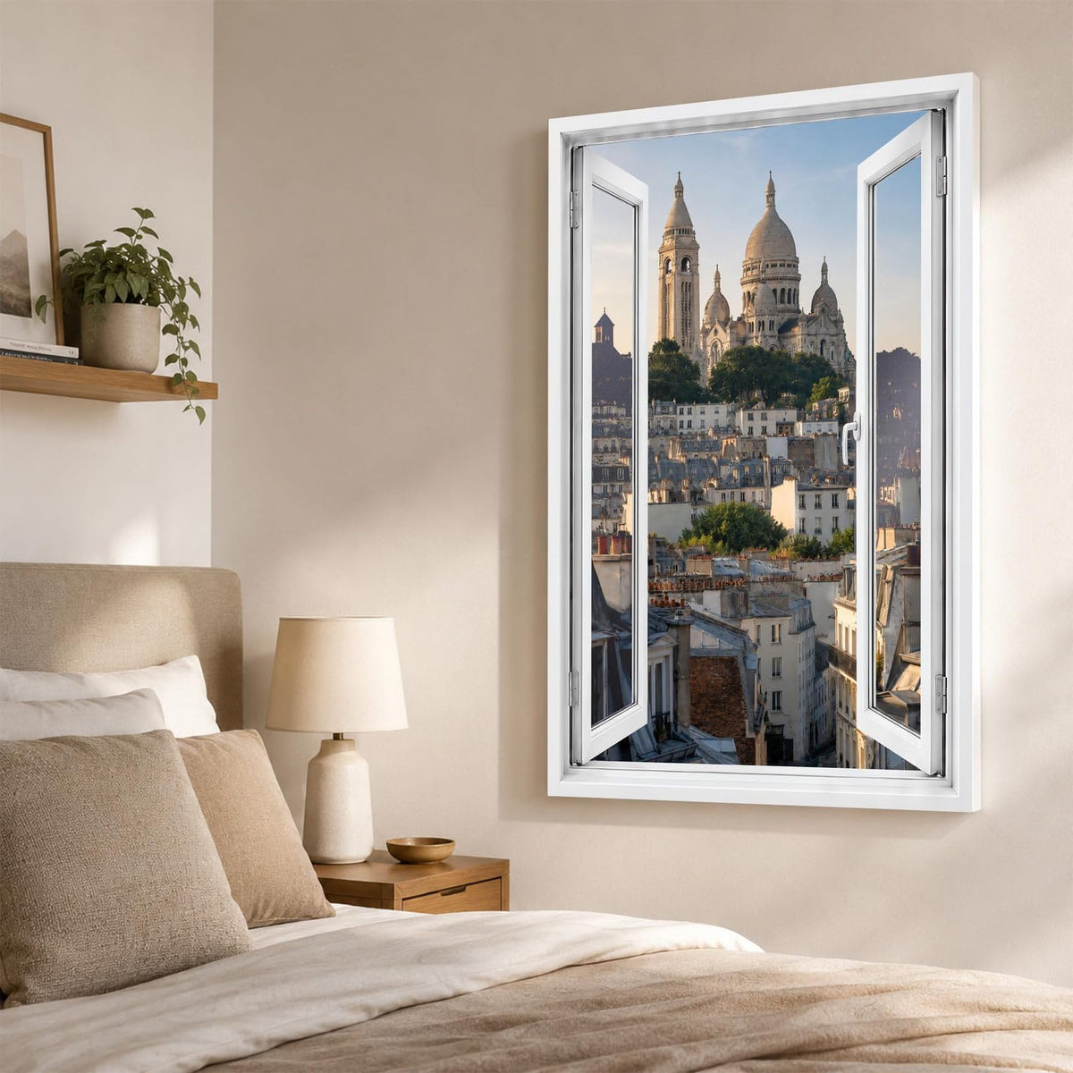 Trompe-l'œil sur Paris dans une chambre, Sacré-Cœur et toits de Montmartre en perspective, sur toile canvas ou plexiglas en 60 x 40 cm, 80 x 60 cm ou 120 x 80 cm, livré chez vous (exemple)