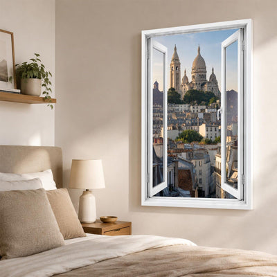 Trompe-l'œil sur Paris dans une chambre, Sacré-Cœur et toits de Montmartre en perspective, sur toile canvas ou plexiglas en 60 x 40 cm, 80 x 60 cm ou 120 x 80 cm, livré chez vous (exemple)