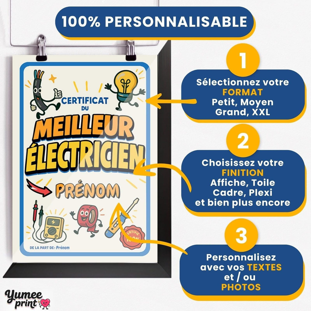 Personnalisez le certificat du meilleur électricien en trois étapes : format, finition puis textes, avec son prénom et votre signature, imprimé et livré chez vous (exemple)