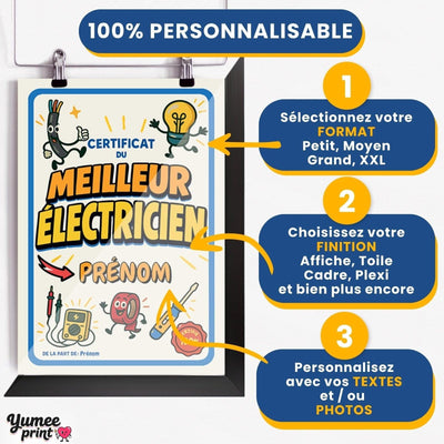 Personnalisez le certificat du meilleur électricien en trois étapes : format, finition puis textes, avec son prénom et votre signature, imprimé et livré chez vous (exemple)