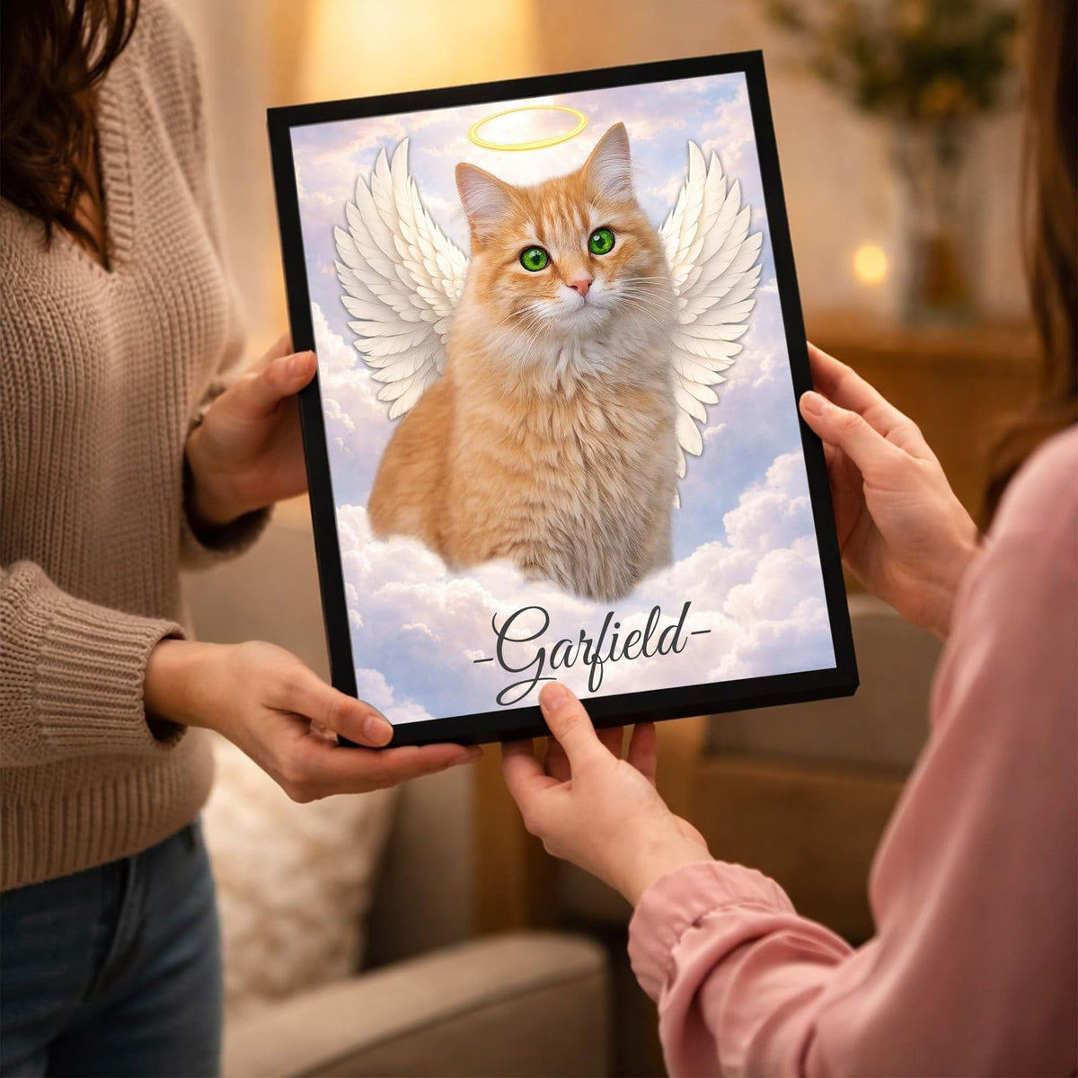 Portrait ailé en couleur sur ciel pastel offert de main en main en cadre noir, un cadeau de soutien après la perte d'un animal, avec son prénom, livré chez vous (exemple)