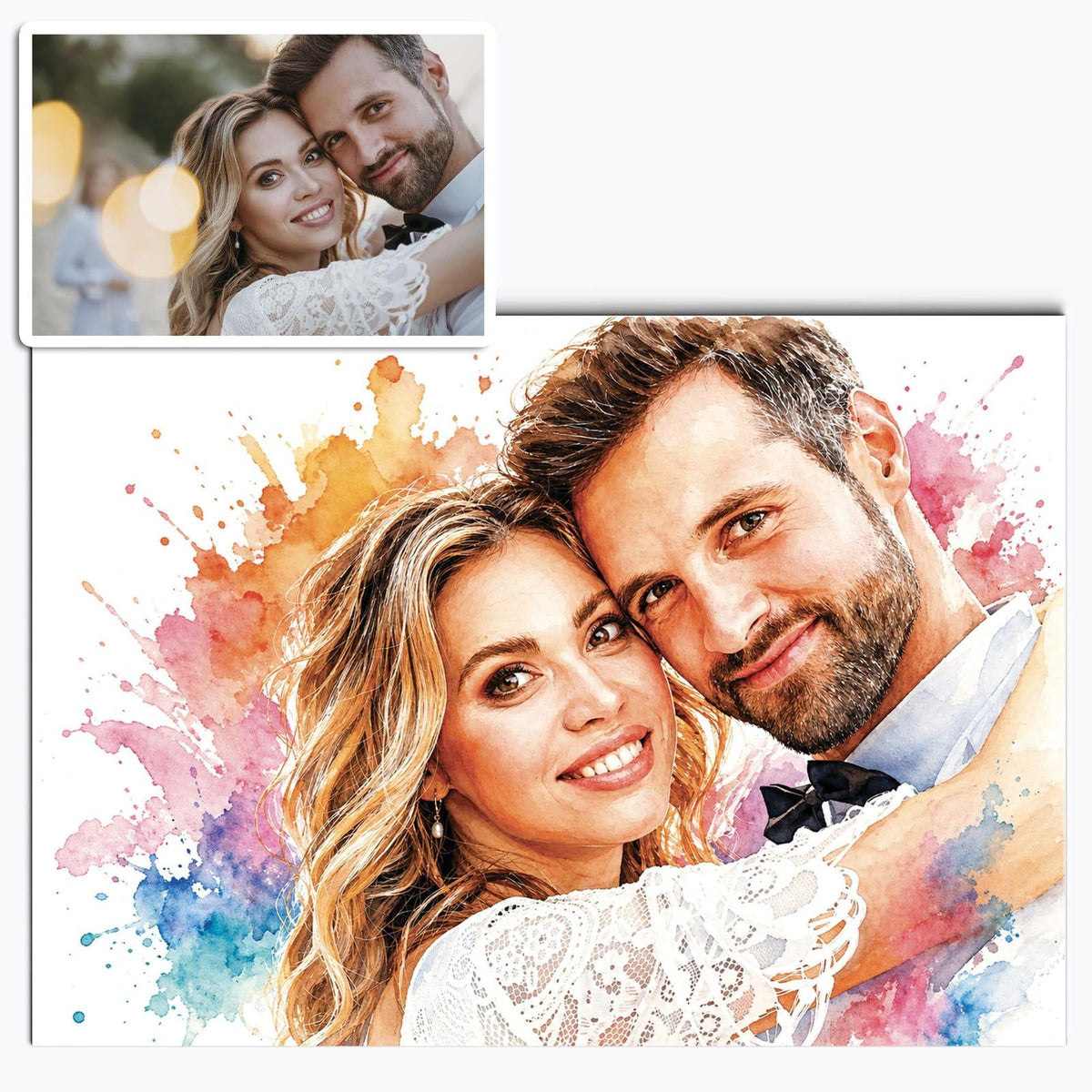 Votre photo transformée en portrait éclats de couleurs au format paysage, taches roses, bleues et orangées, imprimé en affiche (poster) et livré chez vous (exemple)