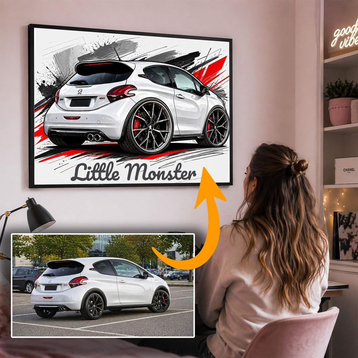 Caricature cartoon de votre voiture d'après photo, phrase personnalisée sous le dessin, en cadre noir au mur ; aussi en affiche (poster), toile canvas ou plexiglas, livrée chez vous (exemple)