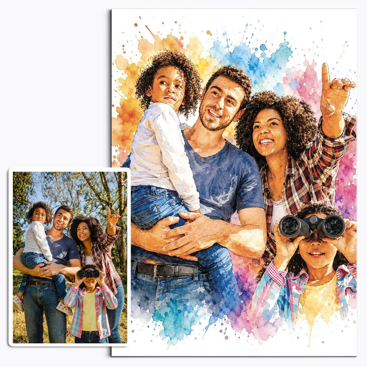 Portrait éclats de couleurs d'après votre photo, explosion de pigments sur fond blanc, imprimé en affiche (poster) à côté de la photo d'origine, puis livré chez vous (exemple)
