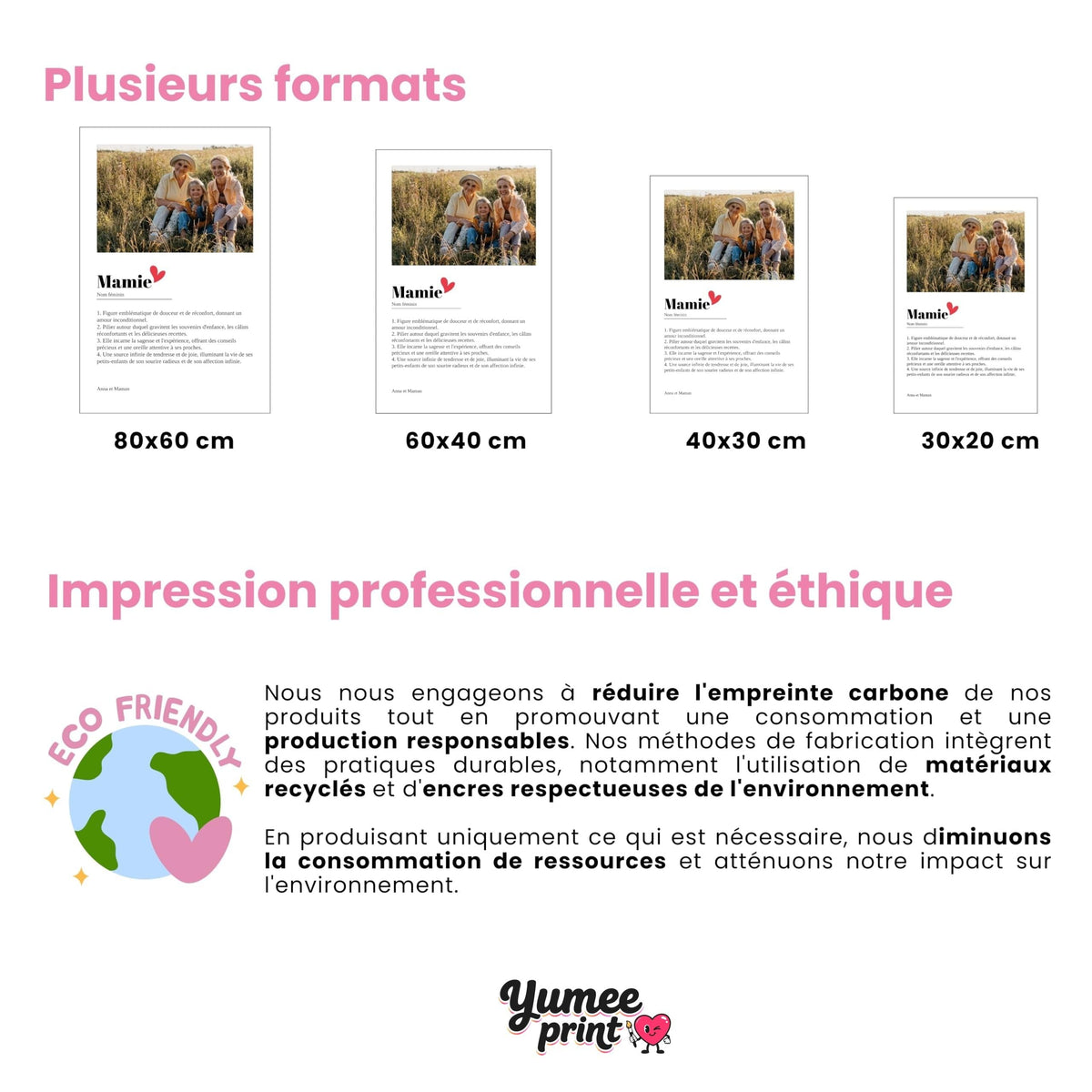 Affiche Mamie façon définition en quatre formats : 80 x 60 cm, 60 x 40 cm, 40 x 30 cm et 30 x 20 cm, avec votre photo et vos définitions, livrée chez vous (exemple)
