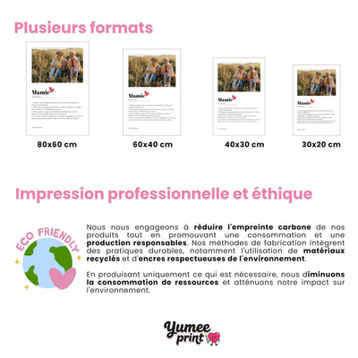 Affiche Mamie façon définition en quatre formats : 80 x 60 cm, 60 x 40 cm, 40 x 30 cm et 30 x 20 cm, avec votre photo et vos définitions, livrée chez vous (exemple)