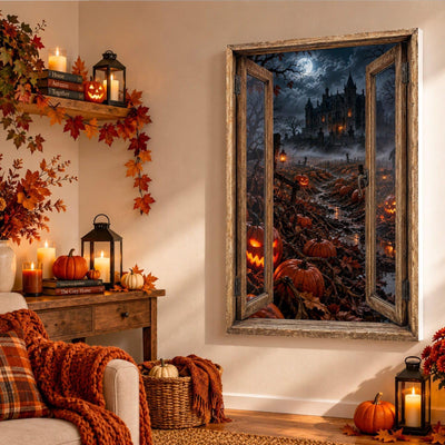 Dans un salon d'automne, le chemin entre les citrouilles illuminées mène au manoir sous la lune, en trompe-l'œil sur toile tendue, toile premium sur châssis de 4 cm ou plexiglas, livré (exemple)