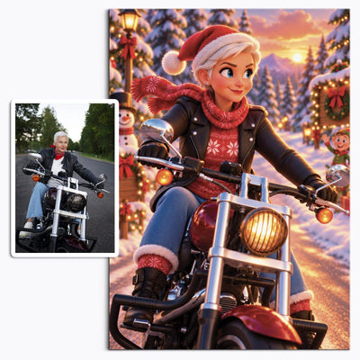 Votre photo transformée en scène de Noël en animation 3D, route enneigée, lumières et tenue de fête, imprimée en affiche (poster) verticale et livrée chez vous (exemple)