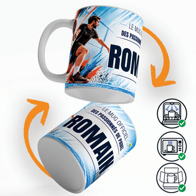 Mug padel vu sous deux angles, prénom et texte au choix ; compatible lave-vaisselle et micro-ondes, expédié calé dans une boîte en carton jusque chez vous (exemple)