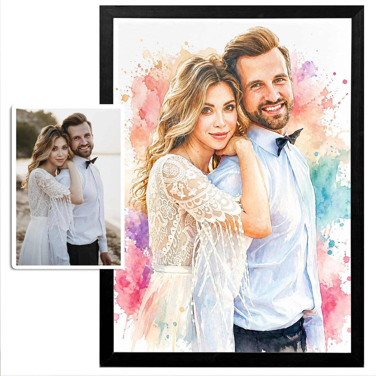 Votre photo transformée en portrait éclats de couleurs d'artiste, taches roses, bleues et orangées, présenté en cadre noir et livré chez vous ; photo d'origine à côté (exemple)