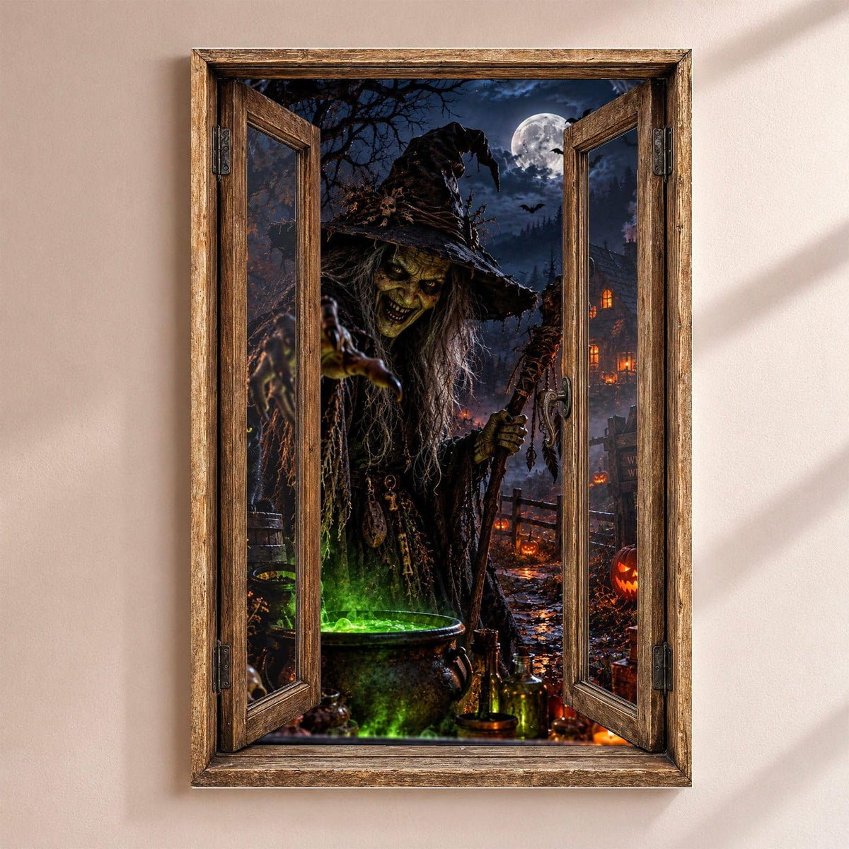 Déco Halloween en trompe-l'œil : une sorcière penchée sur son chaudron au bouillon vert, par une fenêtre en bois rustique, sur toile canvas tendue ou plexiglas, livrée chez vous (exemple)