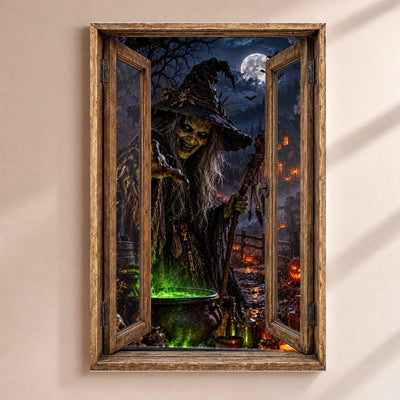 Déco Halloween en trompe-l'œil : une sorcière penchée sur son chaudron au bouillon vert, par une fenêtre en bois rustique, sur toile canvas tendue ou plexiglas, livrée chez vous (exemple)