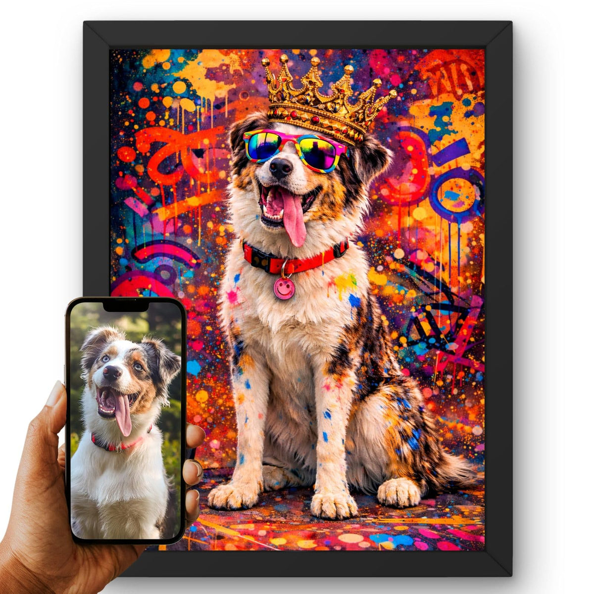 Création personnalisée : la photo de votre chien devient un portrait street art graffiti, taches de peinture, couronne et lunettes, imprimé en cadre noir et livré chez vous (exemple)