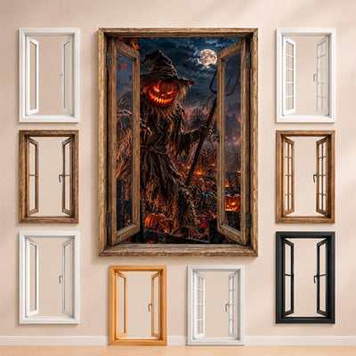 L'épouvantail à tête de citrouille et sa fourche sous la lune, entouré des fenêtres au choix : bois, PVC blanc, à carreaux, alu noir ou sans fenêtre, décor livré sur toile ou plexiglas (exemple)